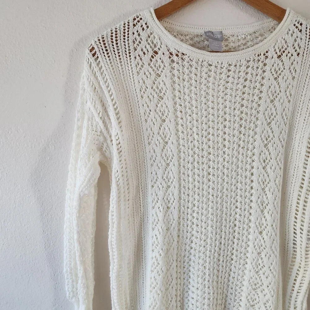 Chico’s Open Stitch Pullover White Sweater Sz SP Long Sleeve Lightweight Crochet